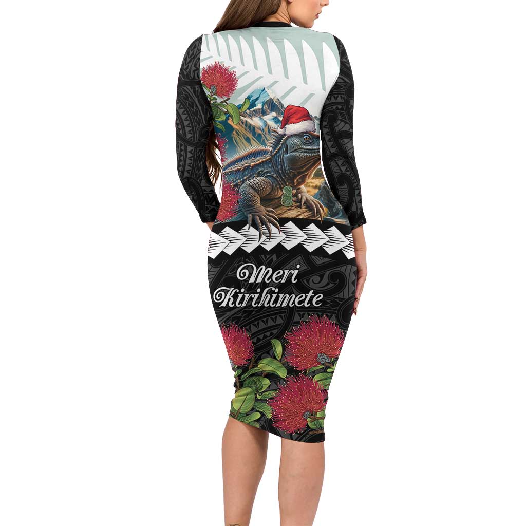 Meri Kirihimete Tuatara Long Sleeve Bodycon Dress New Zealand Fern with Puhutukawa Flowers LT9 - Polynesian Pride