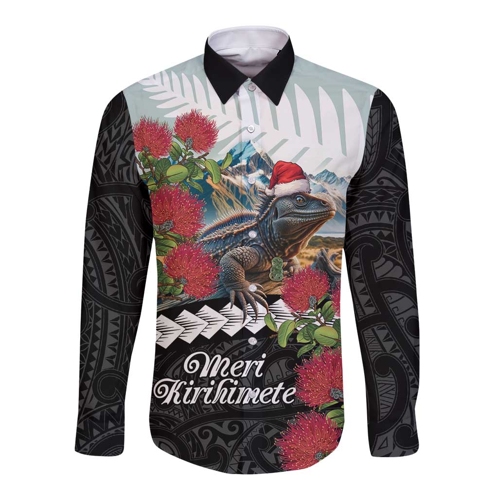 Meri Kirihimete Tuatara Long Sleeve Button Shirt New Zealand Fern with Puhutukawa Flowers LT9 Unisex Green - Polynesian Pride