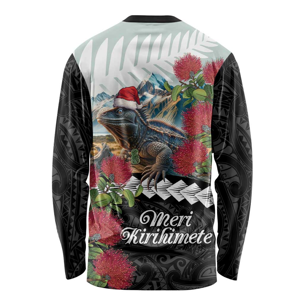 Meri Kirihimete Tuatara Long Sleeve Shirt New Zealand Fern with Puhutukawa Flowers LT9 - Polynesian Pride