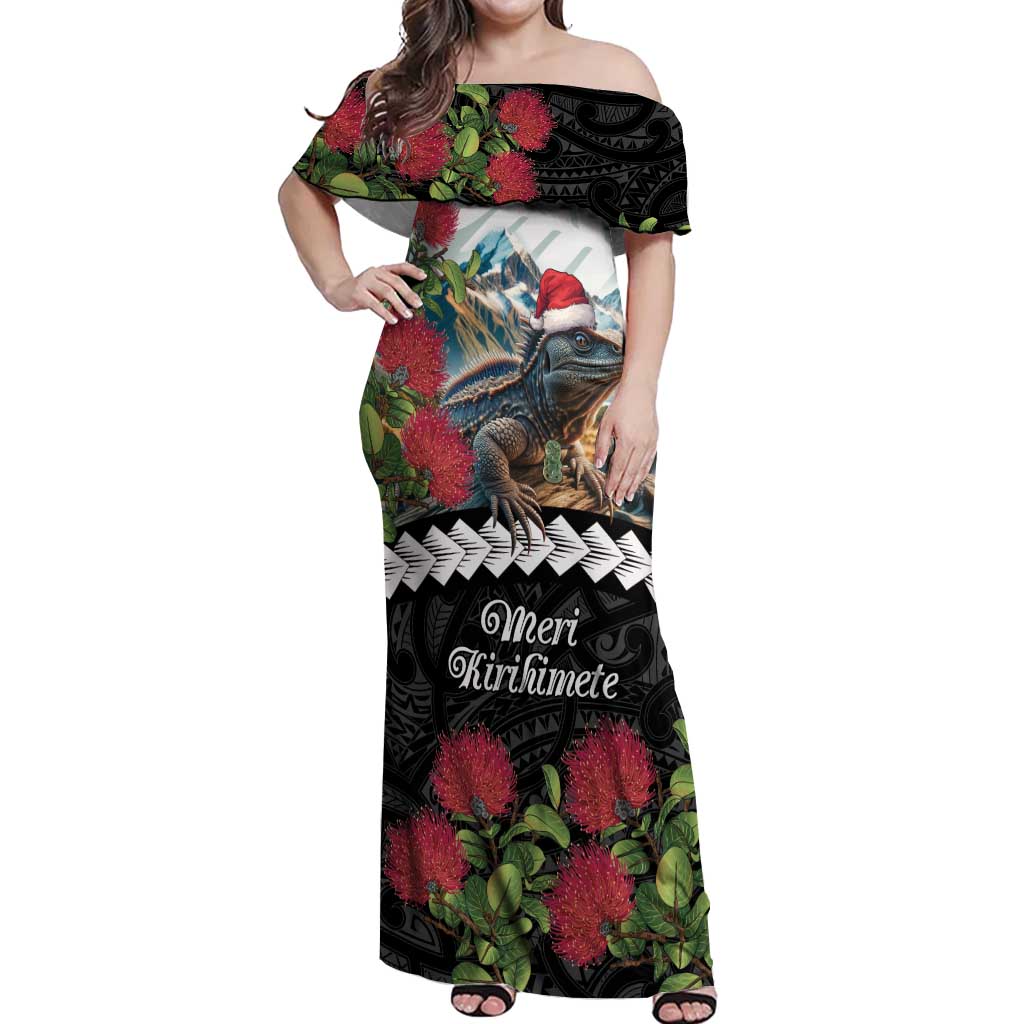 Meri Kirihimete Tuatara Off Shoulder Maxi Dress New Zealand Fern with Puhutukawa Flowers LT9 Women Green - Polynesian Pride