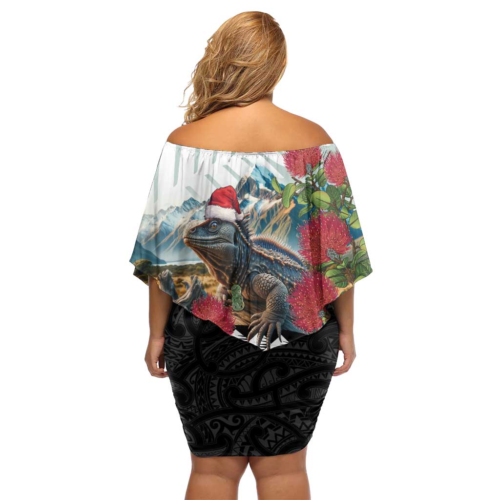 Meri Kirihimete Tuatara Off Shoulder Short Dress New Zealand Fern with Puhutukawa Flowers LT9 - Polynesian Pride