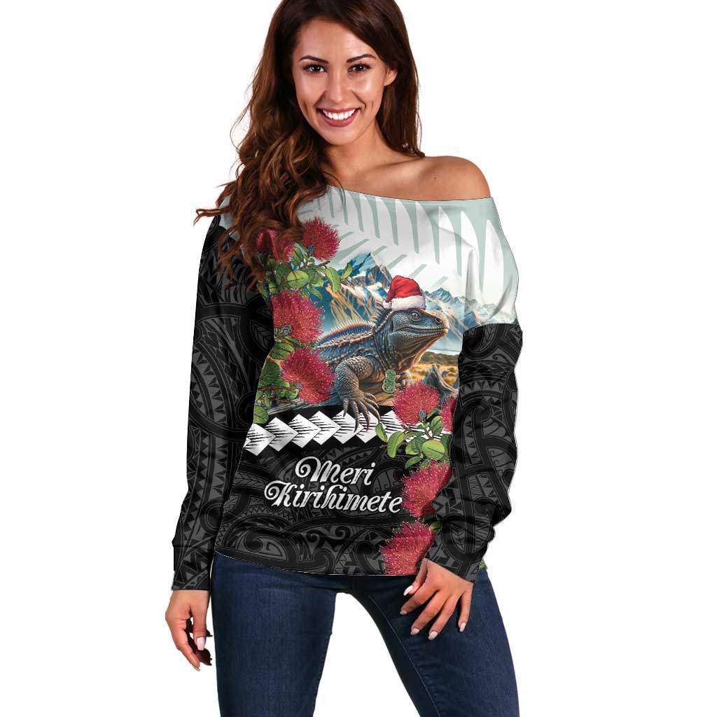 Meri Kirihimete Tuatara Off Shoulder Sweater New Zealand Fern with Puhutukawa Flowers LT9 Women Green - Polynesian Pride