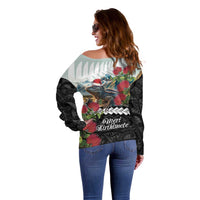 Meri Kirihimete Tuatara Off Shoulder Sweater New Zealand Fern with Puhutukawa Flowers LT9 - Polynesian Pride