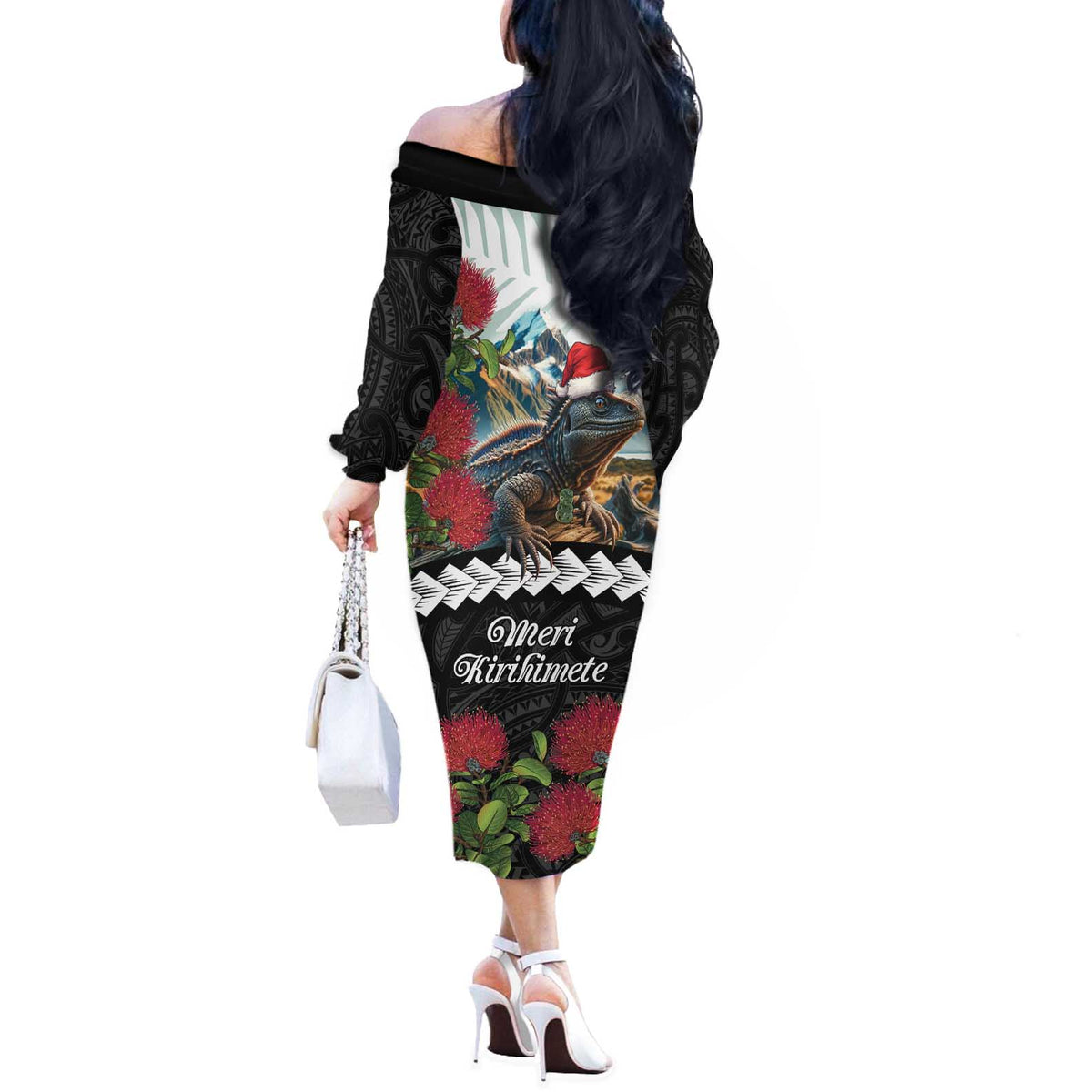 Meri Kirihimete Tuatara Off The Shoulder Long Sleeve Dress New Zealand Fern with Puhutukawa Flowers LT9 - Polynesian Pride