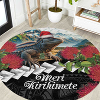 Meri Kirihimete Tuatara Round Carpet New Zealand Fern with Puhutukawa Flowers LT9 Green - Polynesian Pride