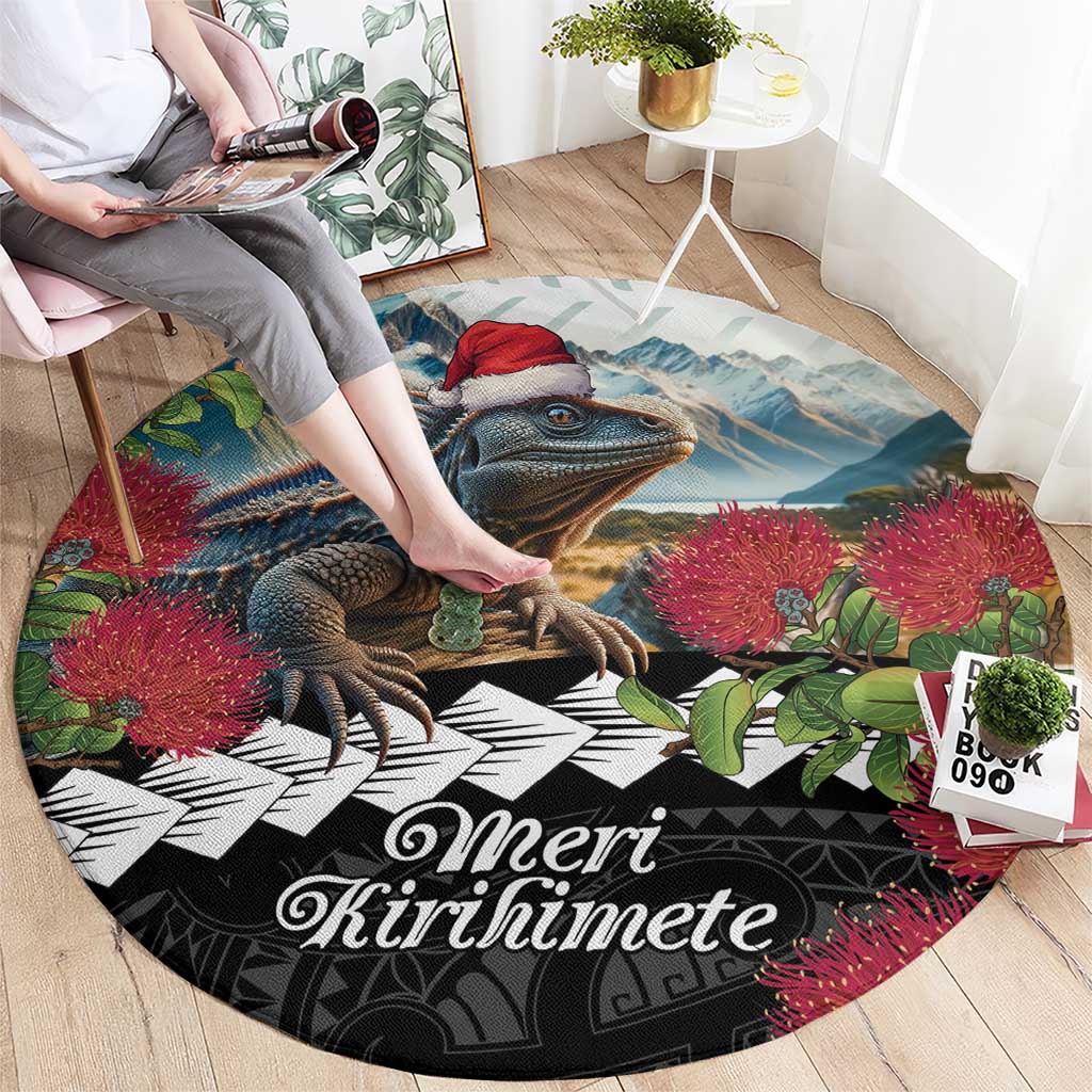 Meri Kirihimete Tuatara Round Carpet New Zealand Fern with Puhutukawa Flowers LT9 - Polynesian Pride