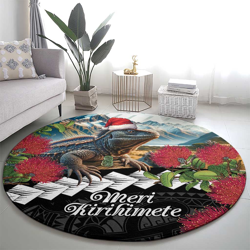 Meri Kirihimete Tuatara Round Carpet New Zealand Fern with Puhutukawa Flowers LT9 - Polynesian Pride