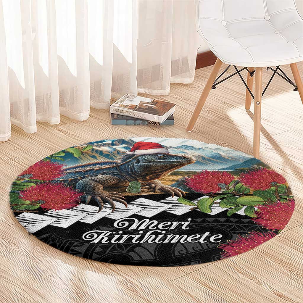 Meri Kirihimete Tuatara Round Carpet New Zealand Fern with Puhutukawa Flowers LT9 - Polynesian Pride