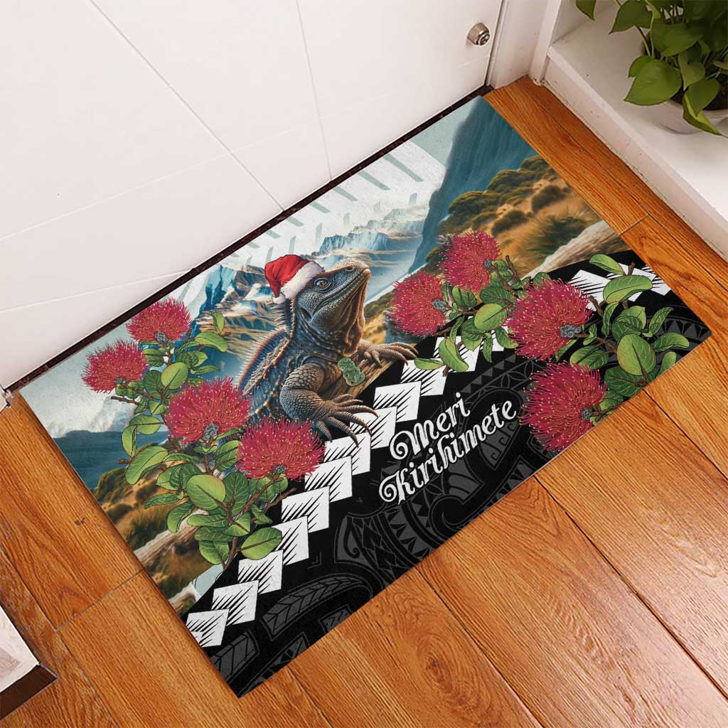 Meri Kirihimete Tuatara Rubber Doormat New Zealand Fern with Puhutukawa Flowers LT9 - Polynesian Pride