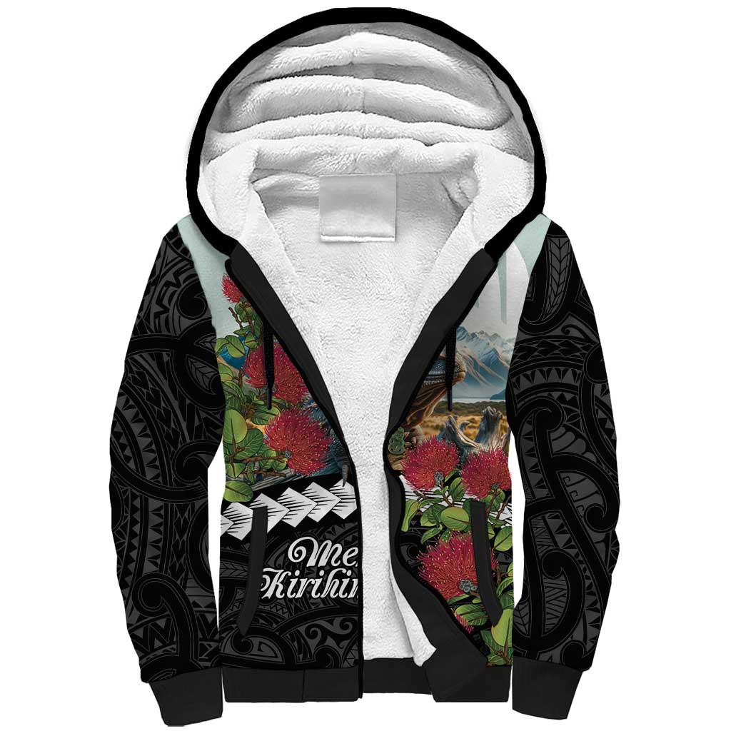 Meri Kirihimete Tuatara Sherpa Hoodie New Zealand Fern with Puhutukawa Flowers LT9 Unisex Green - Polynesian Pride