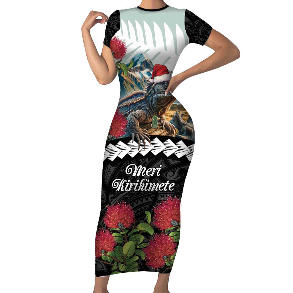 Meri Kirihimete Tuatara Short Sleeve Bodycon Dress New Zealand Fern with Puhutukawa Flowers LT9 Long Dress Green - Polynesian Pride