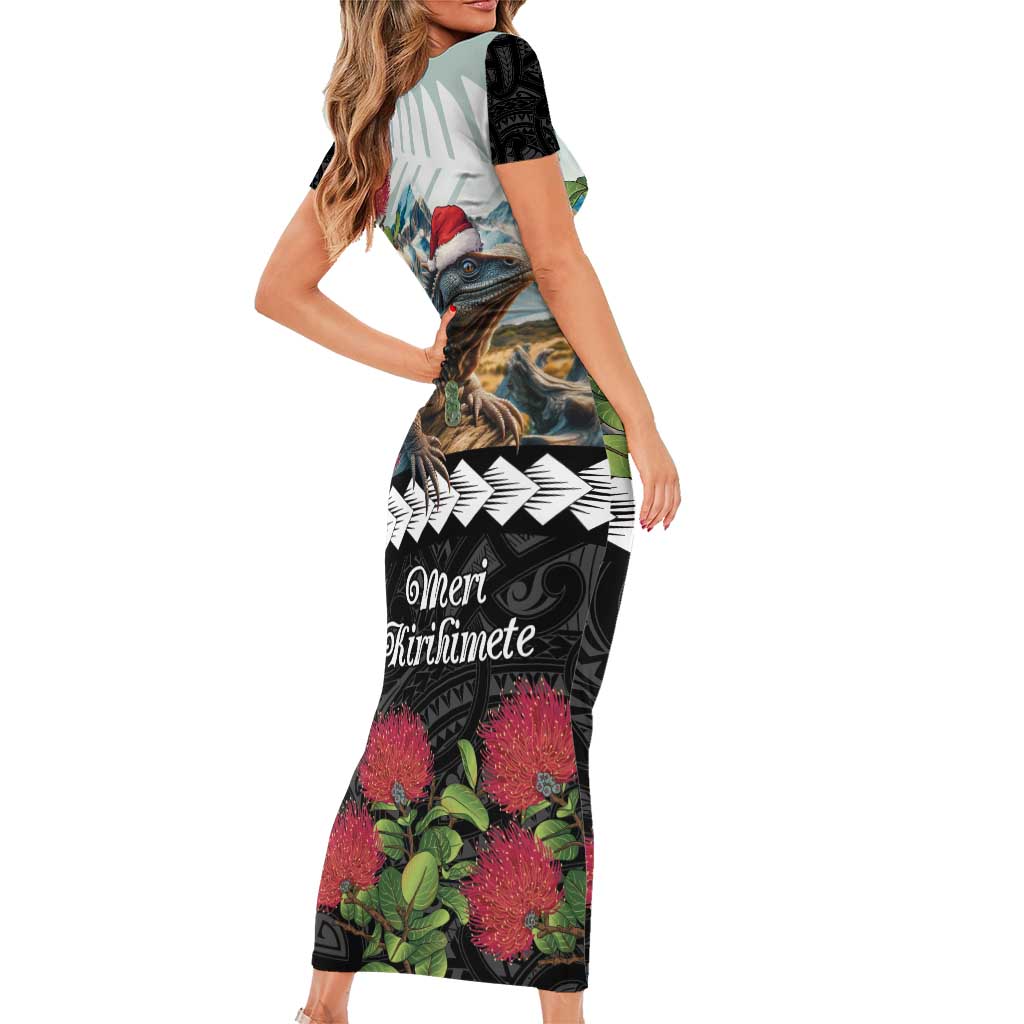 Meri Kirihimete Tuatara Short Sleeve Bodycon Dress New Zealand Fern with Puhutukawa Flowers LT9 - Polynesian Pride