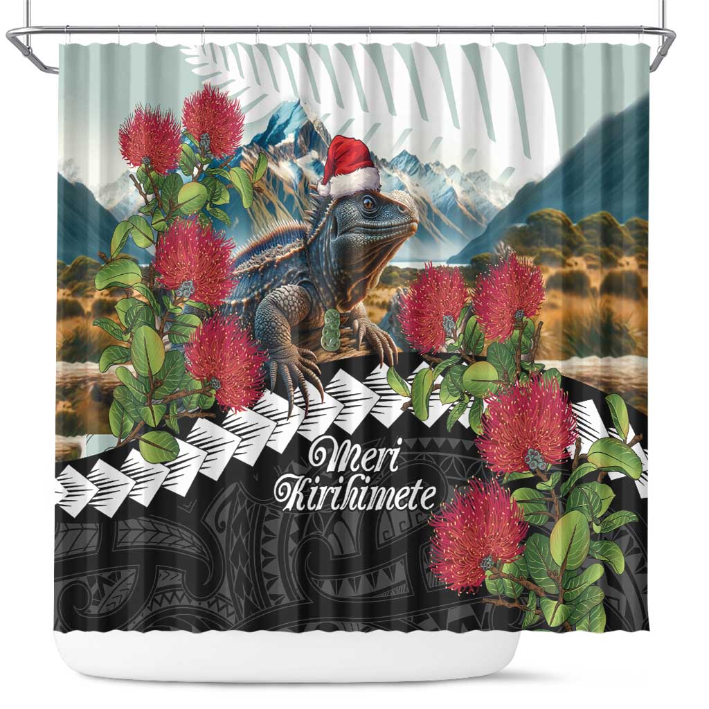 Meri Kirihimete Tuatara Shower Curtain New Zealand Fern with Puhutukawa Flowers LT9 Green - Polynesian Pride