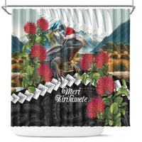 Meri Kirihimete Tuatara Shower Curtain New Zealand Fern with Puhutukawa Flowers LT9 Green - Polynesian Pride