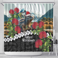 Meri Kirihimete Tuatara Shower Curtain New Zealand Fern with Puhutukawa Flowers LT9 - Polynesian Pride