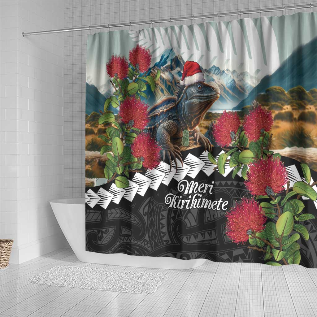 Meri Kirihimete Tuatara Shower Curtain New Zealand Fern with Puhutukawa Flowers LT9 - Polynesian Pride
