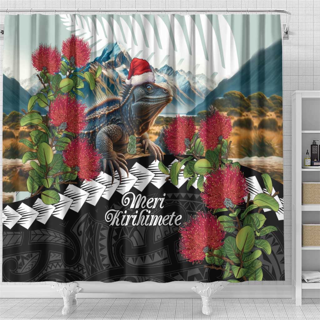 Meri Kirihimete Tuatara Shower Curtain New Zealand Fern with Puhutukawa Flowers LT9 - Polynesian Pride