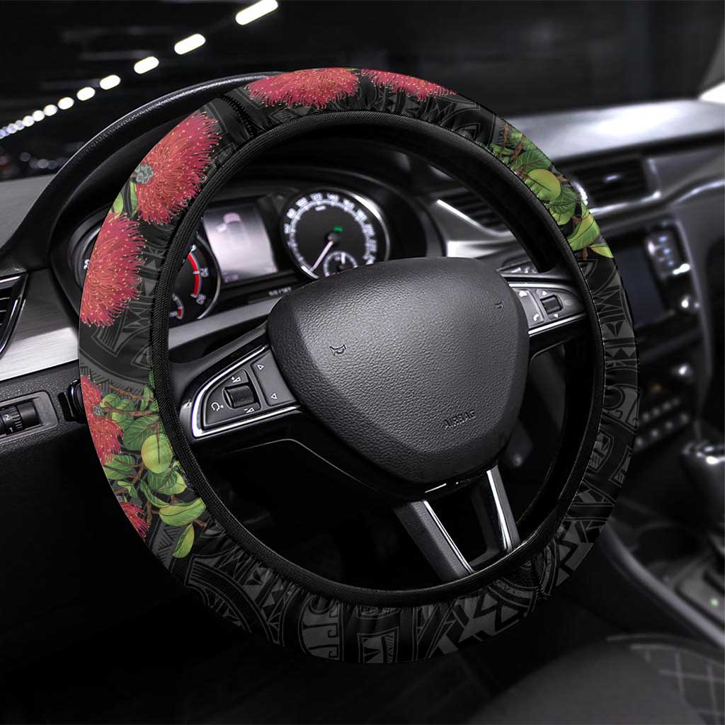 Meri Kirihimete Tuatara Steering Wheel Cover New Zealand Fern with Puhutukawa Flowers LT9 Universal Fit Green - Polynesian Pride