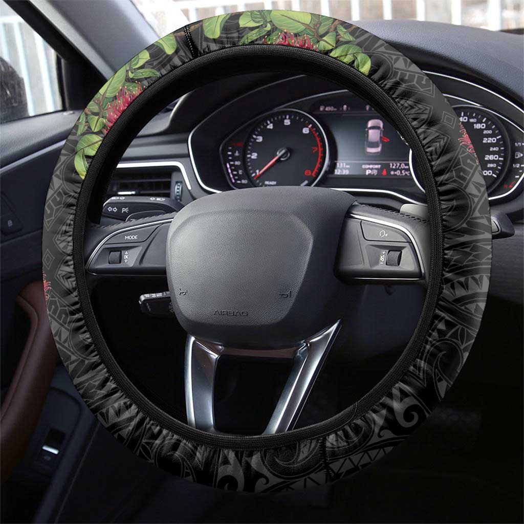 Meri Kirihimete Tuatara Steering Wheel Cover New Zealand Fern with Puhutukawa Flowers LT9 - Polynesian Pride