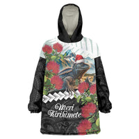 Meri Kirihimete Tuatara Wearable Blanket Hoodie New Zealand Fern with Puhutukawa Flowers LT9 One Size Green - Polynesian Pride