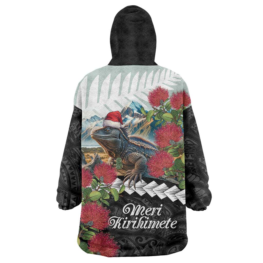 Meri Kirihimete Tuatara Wearable Blanket Hoodie New Zealand Fern with Puhutukawa Flowers LT9 - Polynesian Pride