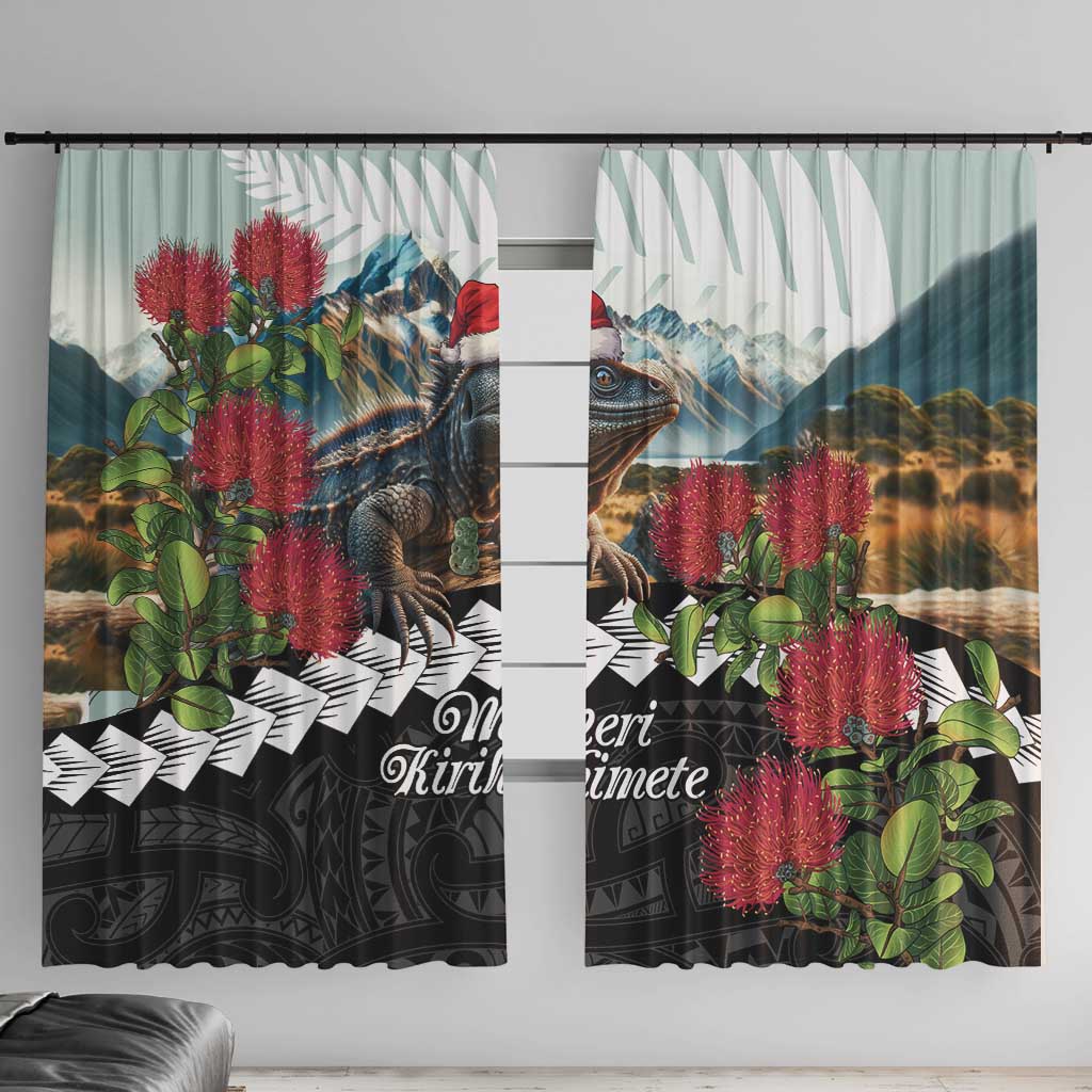 Meri Kirihimete Tuatara Window Curtain New Zealand Fern with Puhutukawa Flowers LT9 With Hooks Green - Polynesian Pride