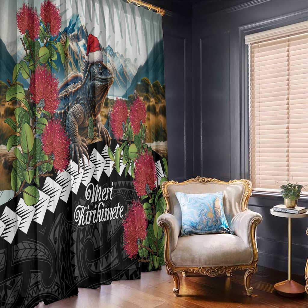 Meri Kirihimete Tuatara Window Curtain New Zealand Fern with Puhutukawa Flowers LT9 - Polynesian Pride