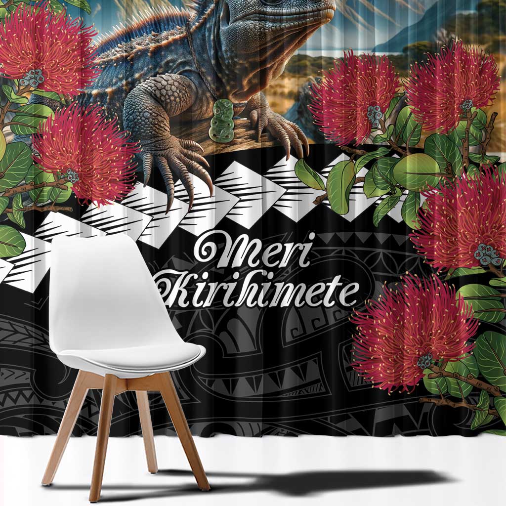 Meri Kirihimete Tuatara Window Curtain New Zealand Fern with Puhutukawa Flowers LT9 - Polynesian Pride