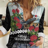 Meri Kirihimete Tuatara Women Casual Shirt New Zealand Fern with Puhutukawa Flowers LT9 Female Green - Polynesian Pride