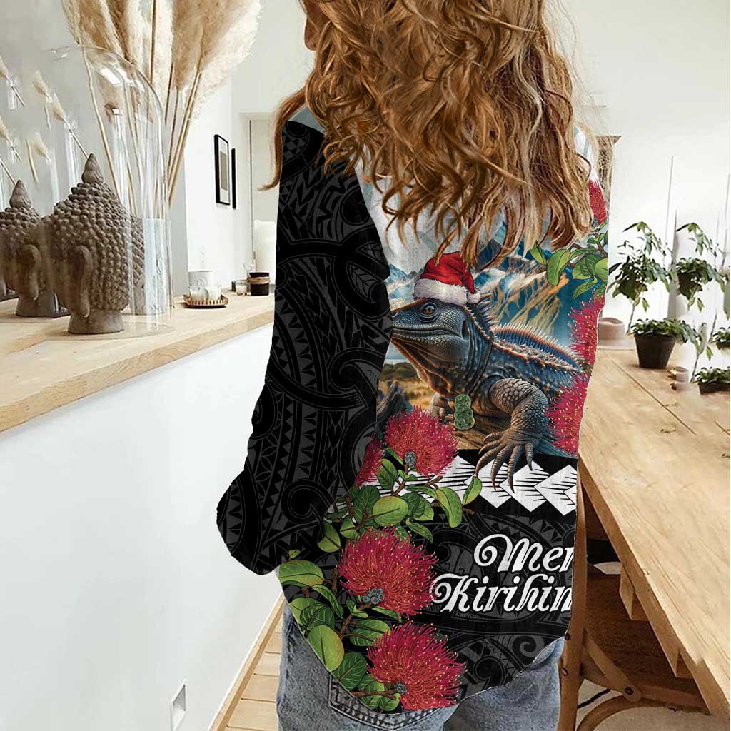 Meri Kirihimete Tuatara Women Casual Shirt New Zealand Fern with Puhutukawa Flowers LT9 - Polynesian Pride