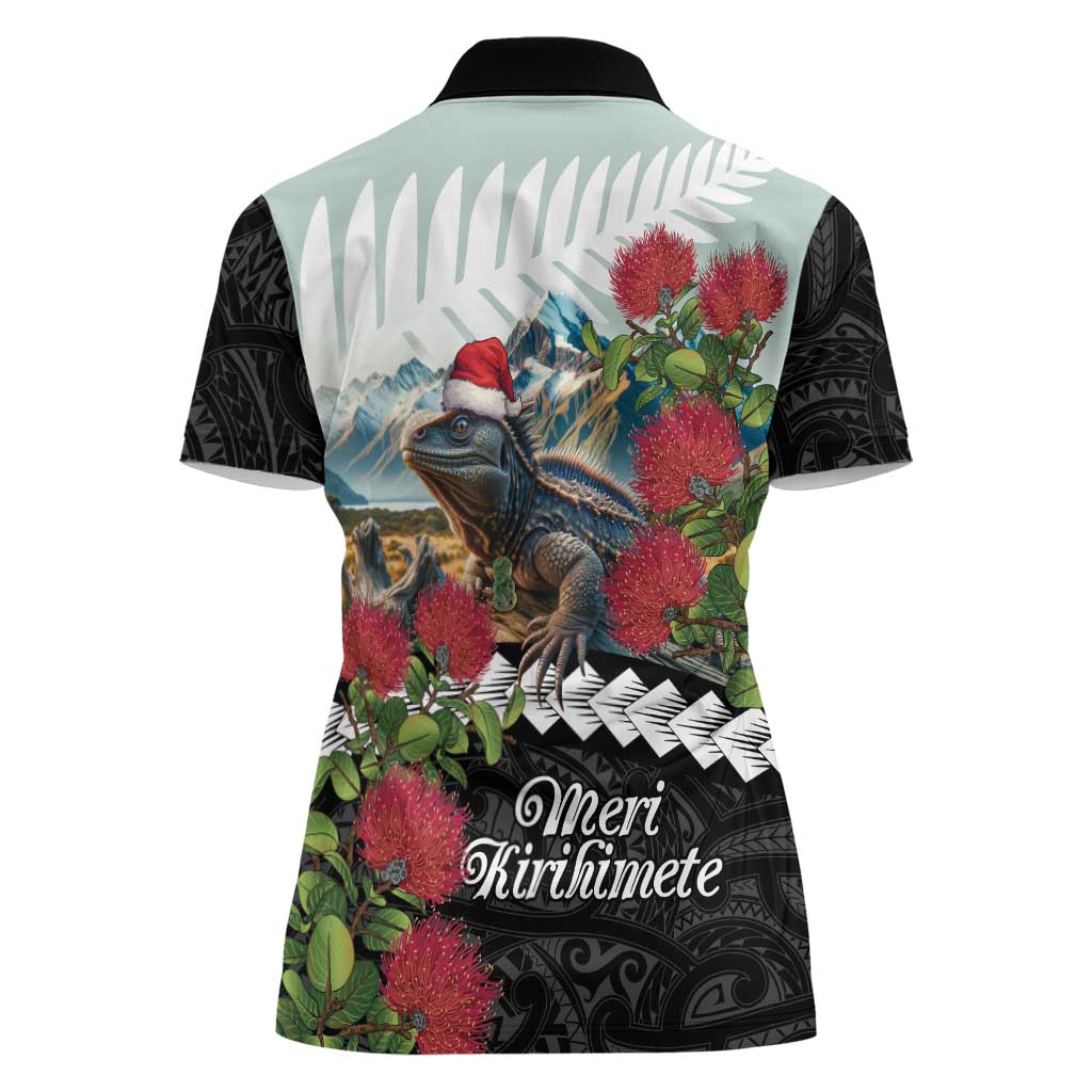 Meri Kirihimete Tuatara Women Polo Shirt New Zealand Fern with Puhutukawa Flowers LT9 - Polynesian Pride