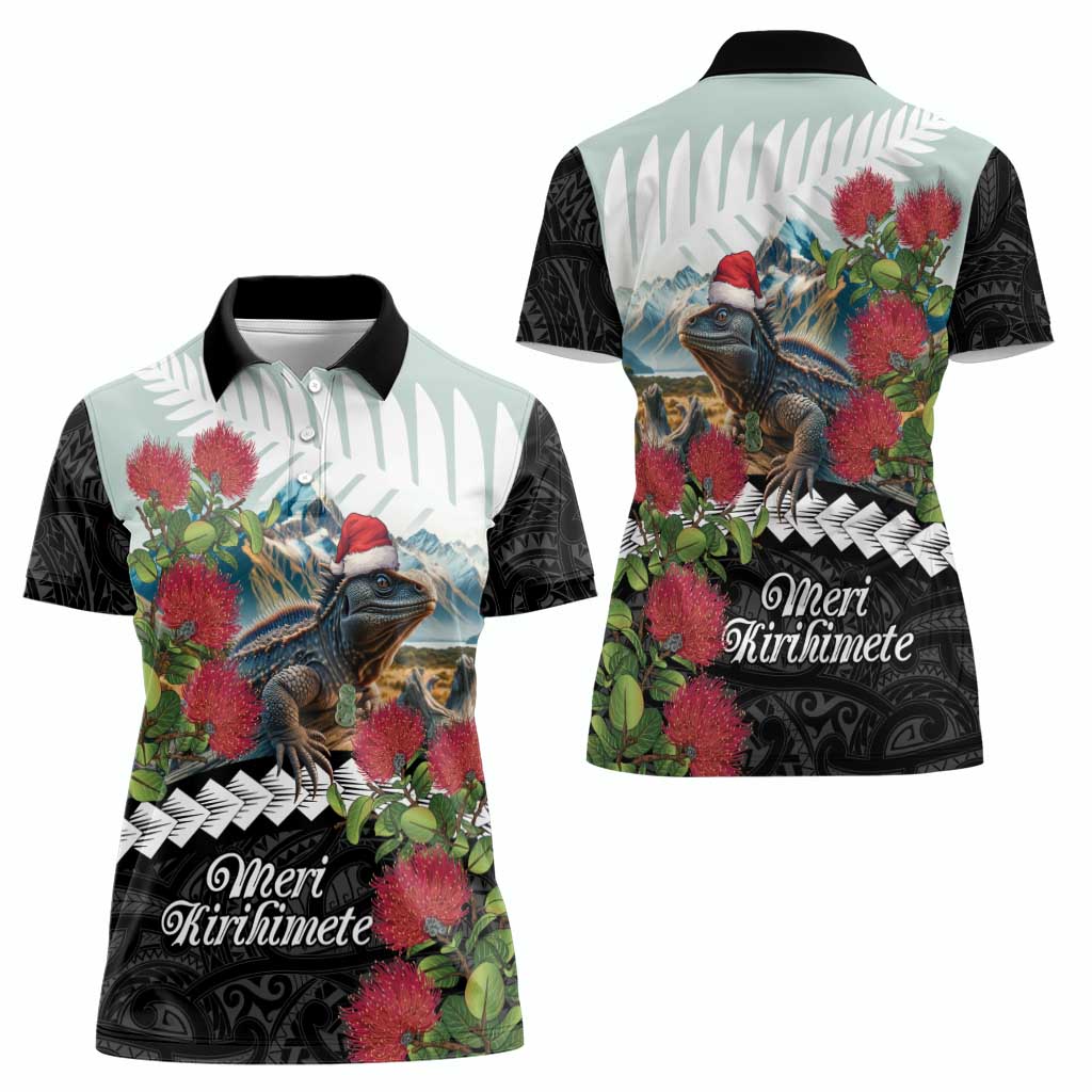 Meri Kirihimete Tuatara Women Polo Shirt New Zealand Fern with Puhutukawa Flowers LT9 - Polynesian Pride