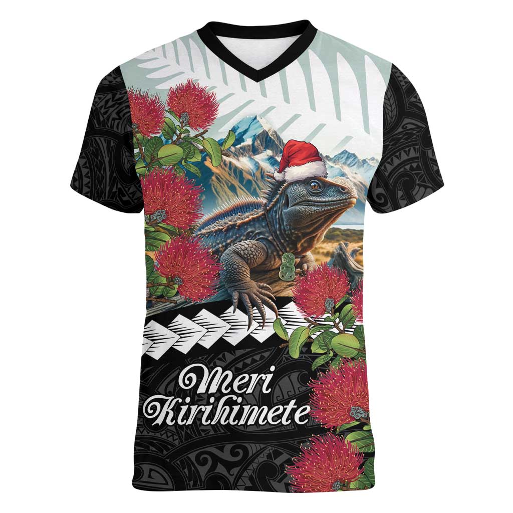 Meri Kirihimete Tuatara Women V-Neck T-Shirt New Zealand Fern with Puhutukawa Flowers