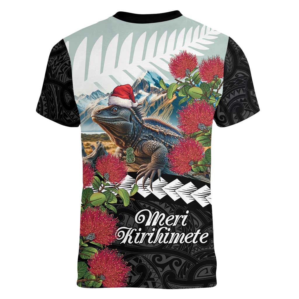 Meri Kirihimete Tuatara Women V-Neck T-Shirt New Zealand Fern with Puhutukawa Flowers