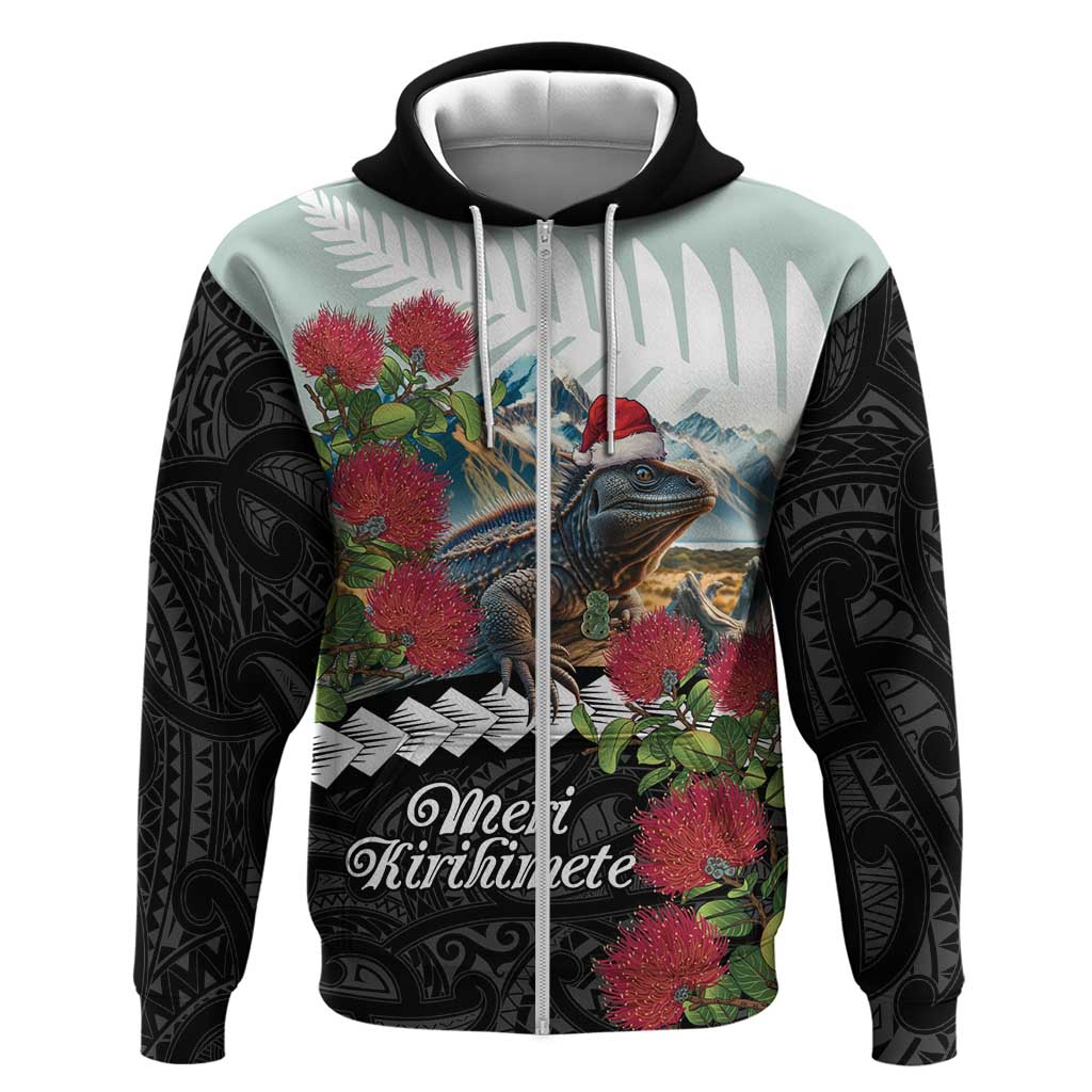 Meri Kirihimete Tuatara Zip Hoodie New Zealand Fern with Puhutukawa Flowers LT9 Zip Hoodie Green - Polynesian Pride