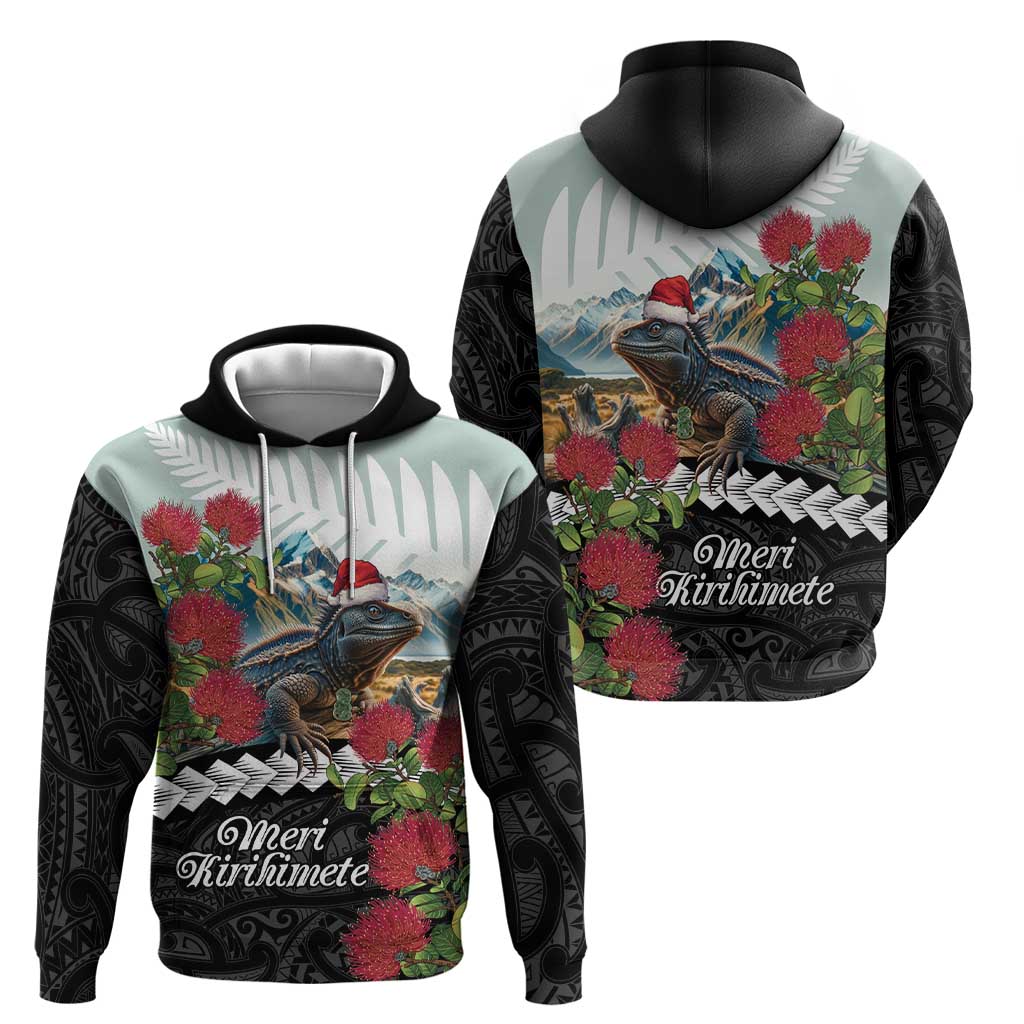 Meri Kirihimete Tuatara Zip Hoodie New Zealand Fern with Puhutukawa Flowers LT9 - Polynesian Pride
