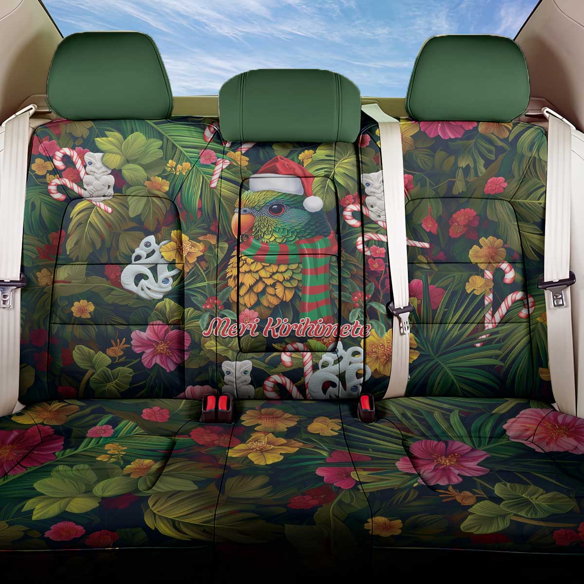 Meri Kirihimete Kakapo Santa Back Car Seat Cover Merry Christmas with Tropical Vibe LT9 One Size Green - Polynesian Pride