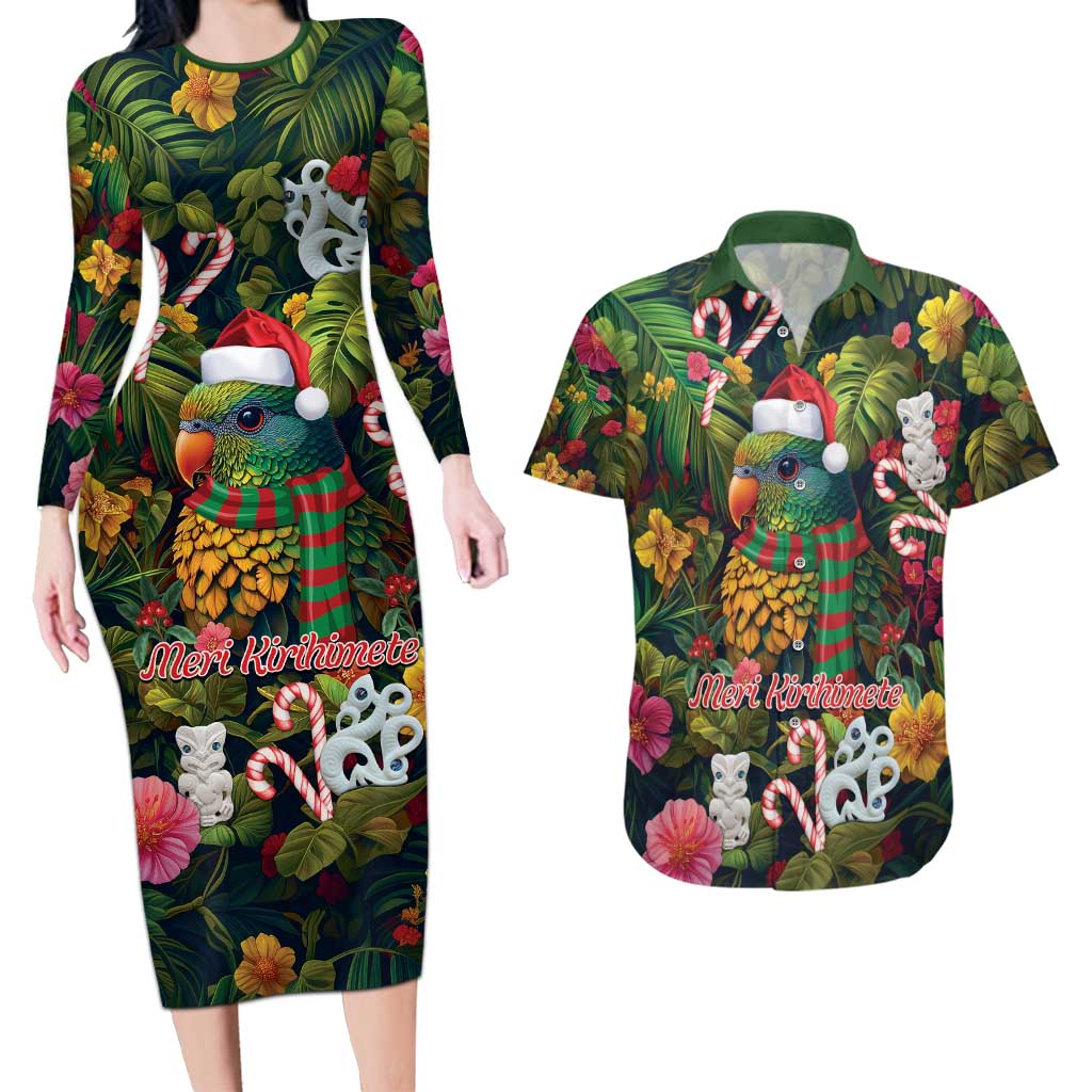 Meri Kirihimete Kakapo Santa Couples Matching Long Sleeve Bodycon Dress and Hawaiian Shirt Merry Christmas with Tropical Vibe LT9 Green - Polynesian Pride
