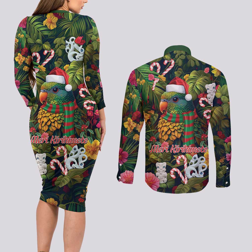 Meri Kirihimete Kakapo Santa Couples Matching Long Sleeve Bodycon Dress and Long Sleeve Button Shirt Merry Christmas with Tropical Vibe LT9 - Polynesian Pride