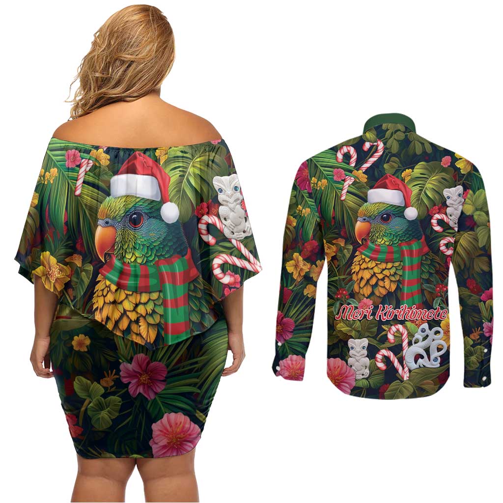 Meri Kirihimete Kakapo Santa Couples Matching Off Shoulder Short Dress and Long Sleeve Button Shirt Merry Christmas with Tropical Vibe LT9 - Polynesian Pride