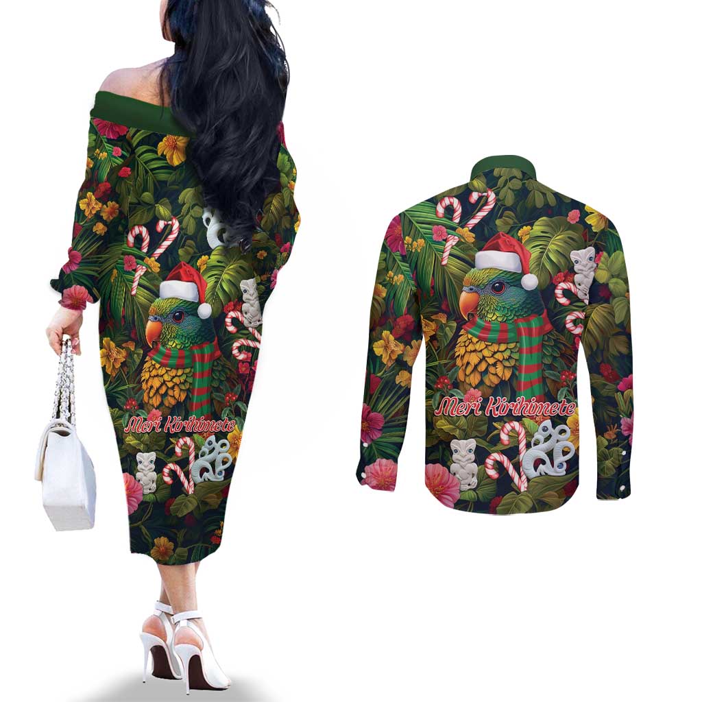 Meri Kirihimete Kakapo Santa Couples Matching Off The Shoulder Long Sleeve Dress and Long Sleeve Button Shirt Merry Christmas with Tropical Vibe LT9 - Polynesian Pride