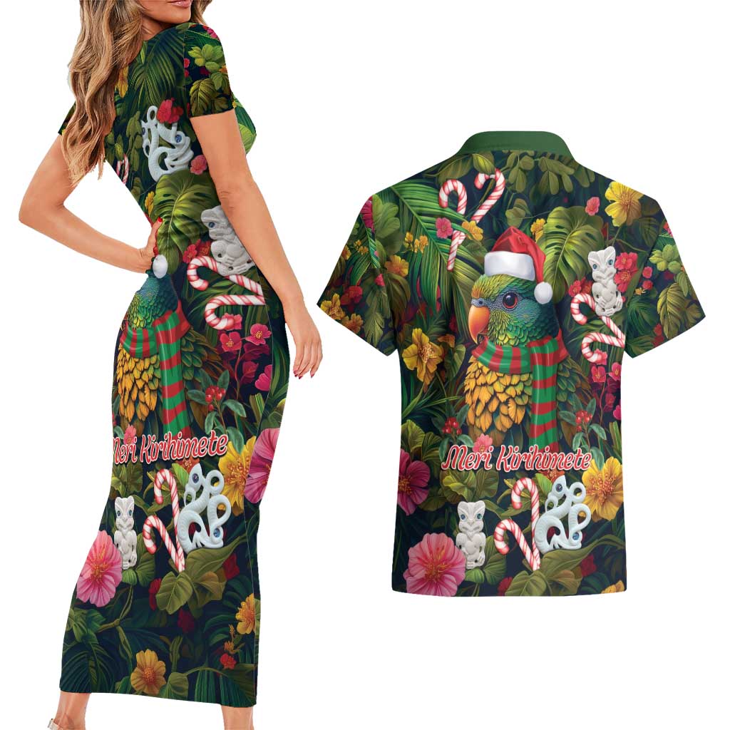 Meri Kirihimete Kakapo Santa Couples Matching Short Sleeve Bodycon Dress and Hawaiian Shirt Merry Christmas with Tropical Vibe LT9 - Polynesian Pride