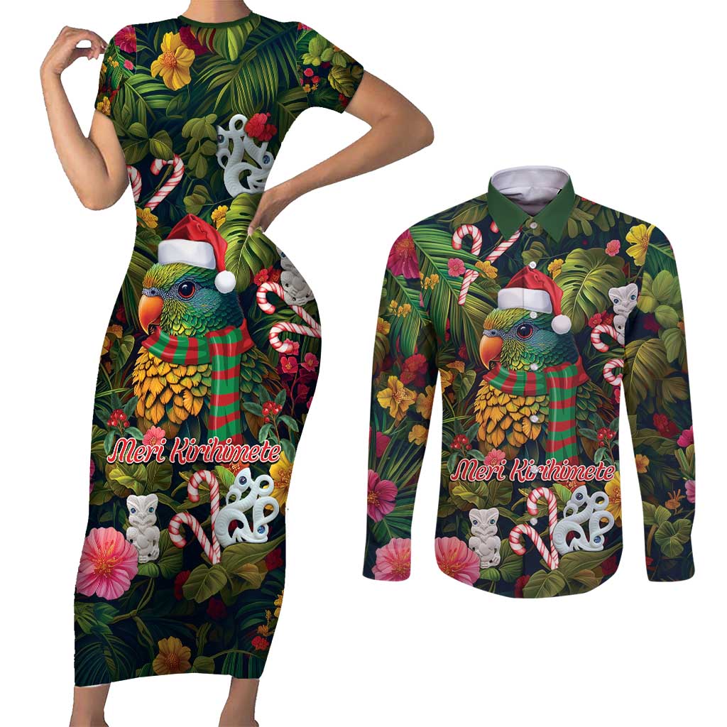 Meri Kirihimete Kakapo Santa Couples Matching Short Sleeve Bodycon Dress and Long Sleeve Button Shirt Merry Christmas with Tropical Vibe LT9 Green - Polynesian Pride