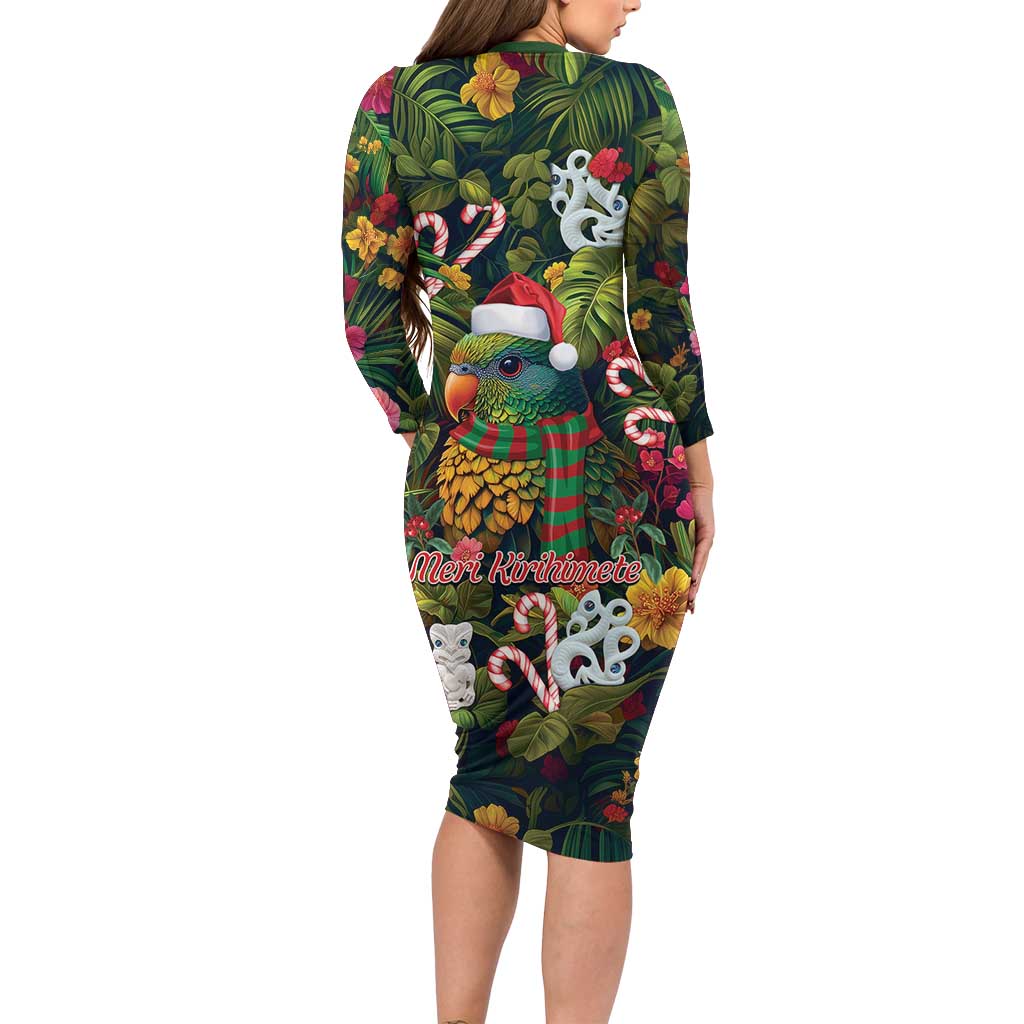 Meri Kirihimete Kakapo Santa Family Matching Long Sleeve Bodycon Dress and Hawaiian Shirt Merry Christmas with Tropical Vibe