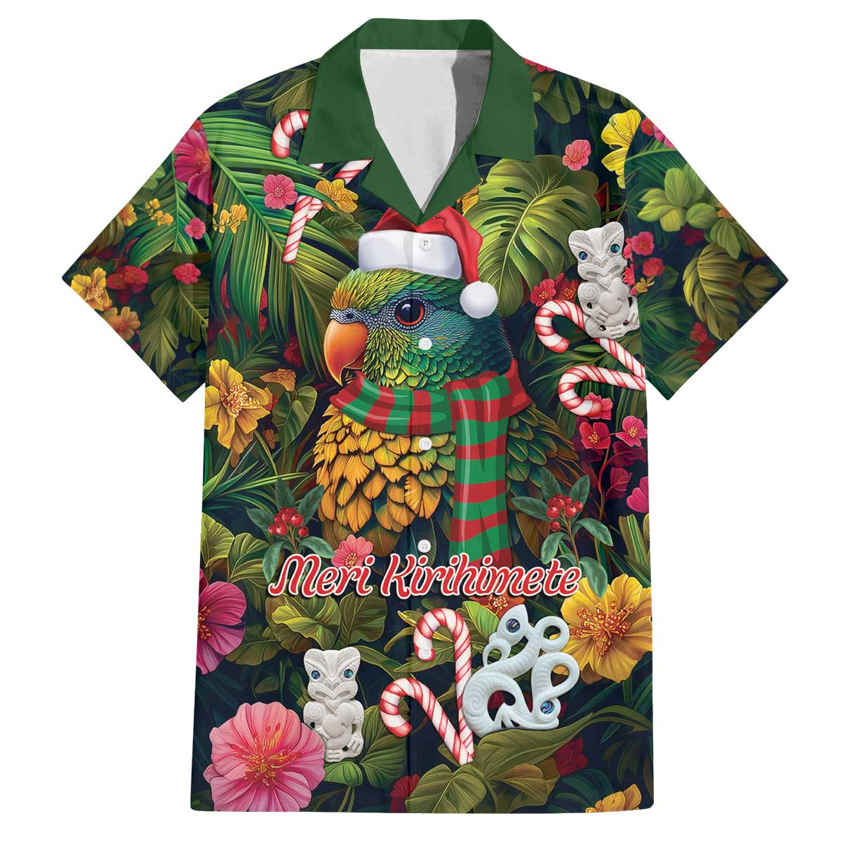 Meri Kirihimete Kakapo Santa Family Matching Off The Shoulder Long Sleeve Dress and Hawaiian Shirt Merry Christmas with Tropical Vibe LT9 Dad's Shirt - Short Sleeve Green - Polynesian Pride