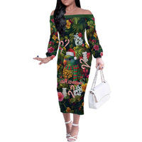 Meri Kirihimete Kakapo Santa Family Matching Off The Shoulder Long Sleeve Dress and Hawaiian Shirt Merry Christmas with Tropical Vibe LT9 Mom's Dress Green - Polynesian Pride