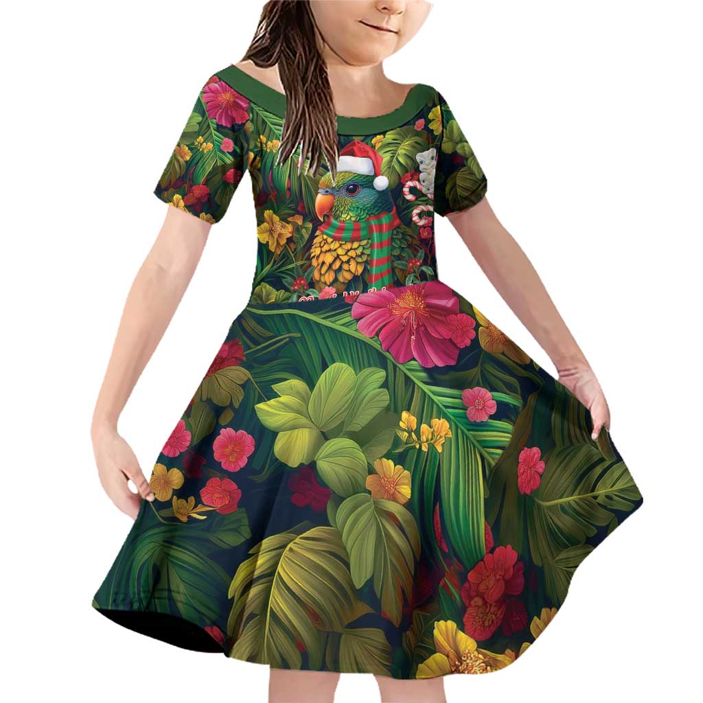 Meri Kirihimete Kakapo Santa Family Matching Off Shoulder Short Dress and Hawaiian Shirt Merry Christmas with Tropical Vibe LT9 Daughter's Dress Green - Polynesian Pride