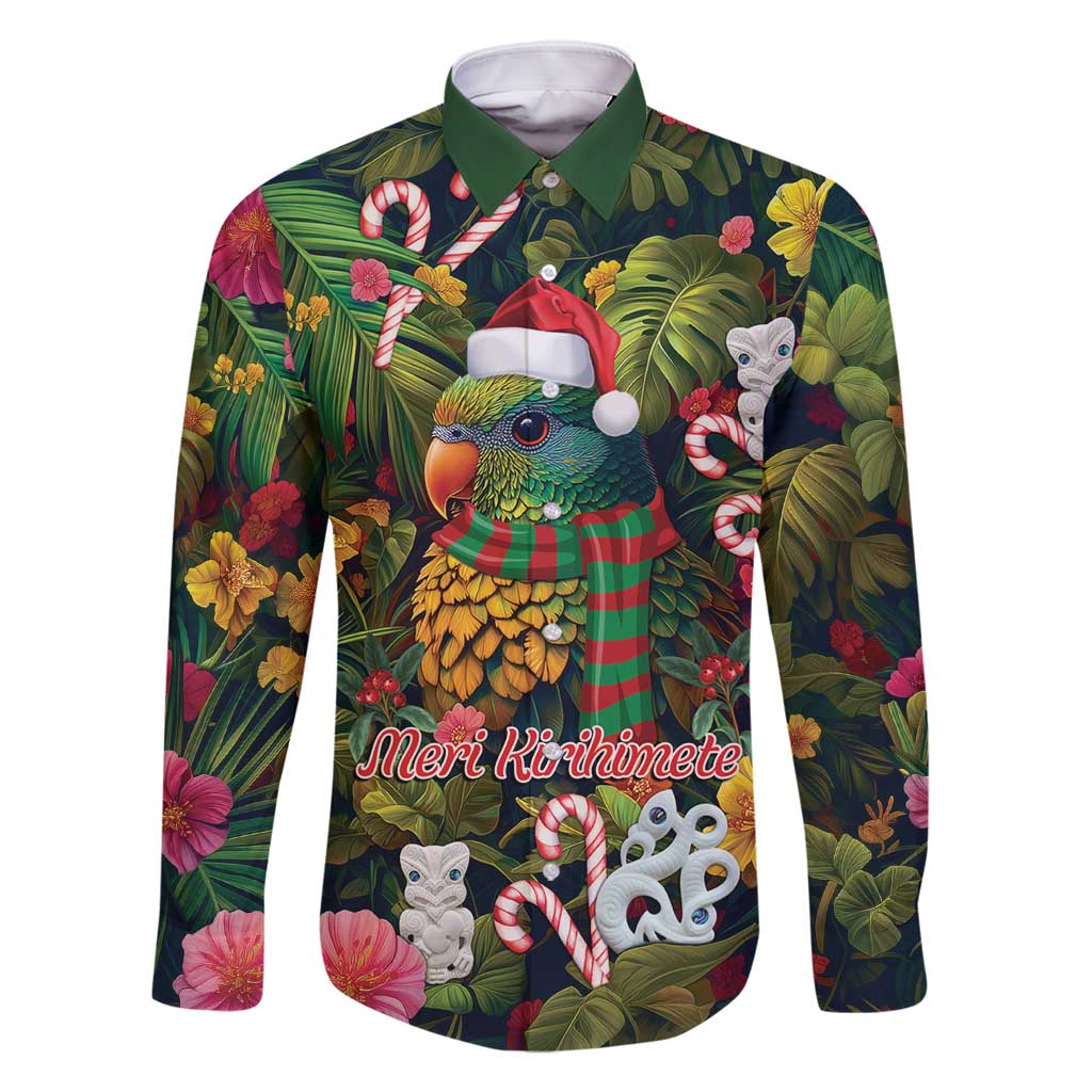Meri Kirihimete Kakapo Santa Family Matching Off Shoulder Short Dress and Hawaiian Shirt Merry Christmas with Tropical Vibe LT9 Dad's Shirt - Long Sleeve Green - Polynesian Pride
