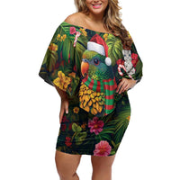 Meri Kirihimete Kakapo Santa Family Matching Off Shoulder Short Dress and Hawaiian Shirt Merry Christmas with Tropical Vibe LT9 Mom's Dress Green - Polynesian Pride