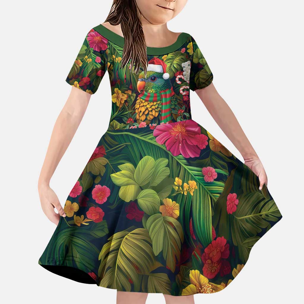 Meri Kirihimete Kakapo Santa Family Matching Puletasi and Hawaiian Shirt Merry Christmas with Tropical Vibe LT9 Daughter's Dress Green - Polynesian Pride